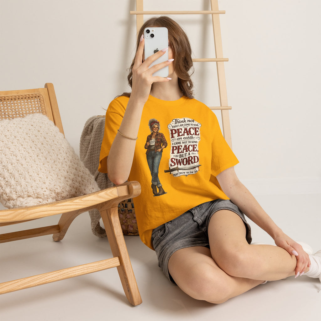 Christian Faith Tee — "I Come Not to Send Peace but a Sword" Matthew 10:34 Graphic Shirt