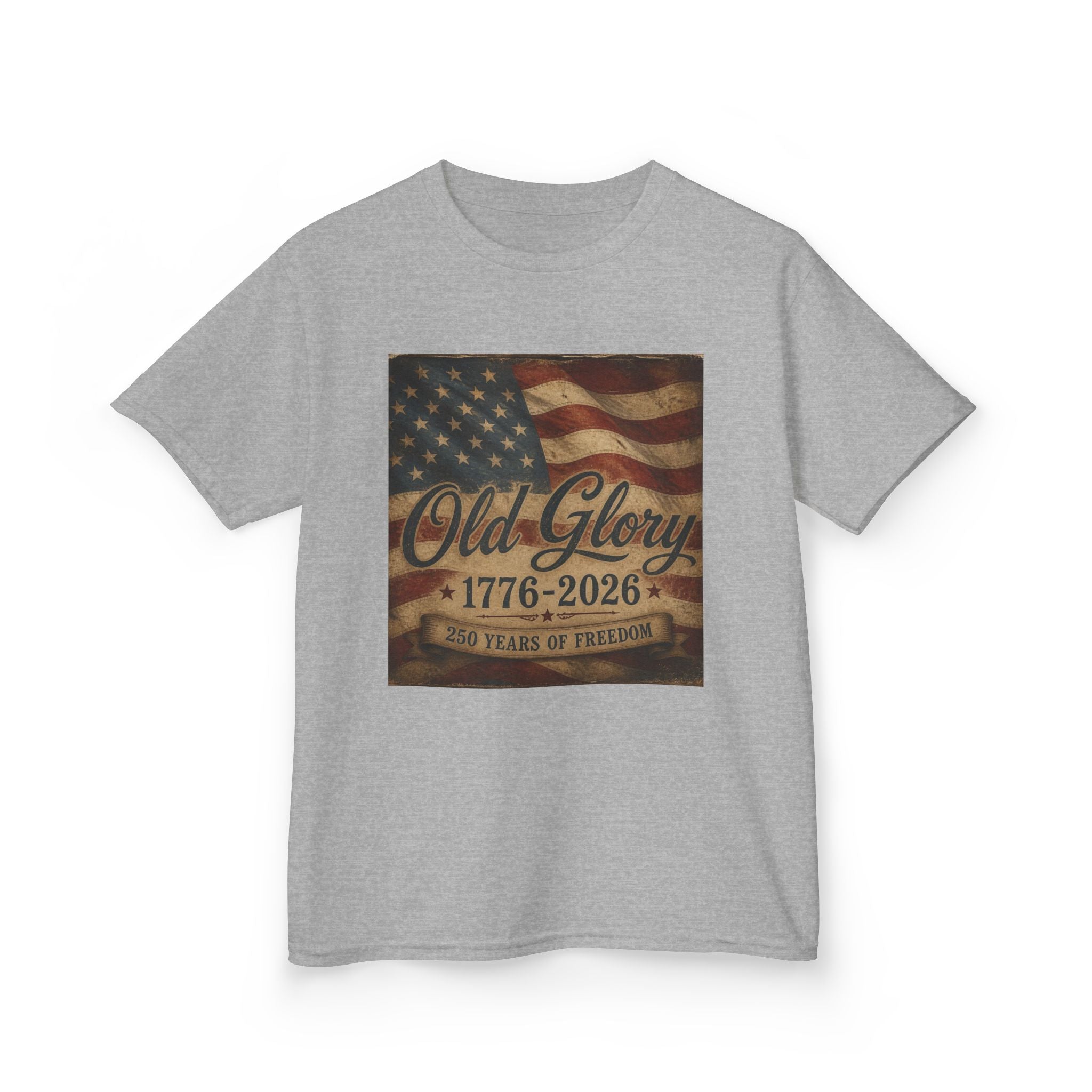 Kids T‑Shirt — "Old Glory 1776–2026" Vintage American Flag Patriotic Tee