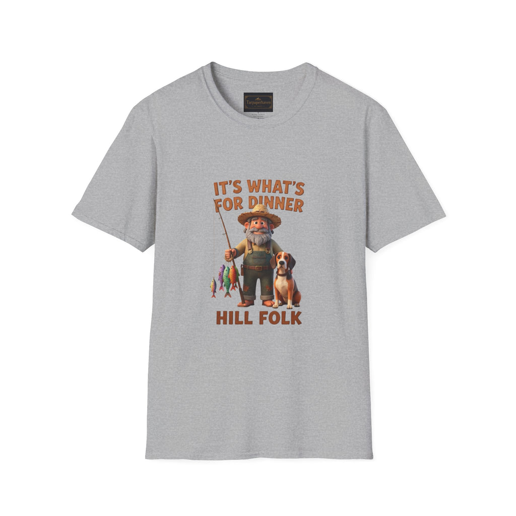 It's What's For Dinner Hill Folk T-Shirt — Rustic Fisherman & Dog Graphic Tee