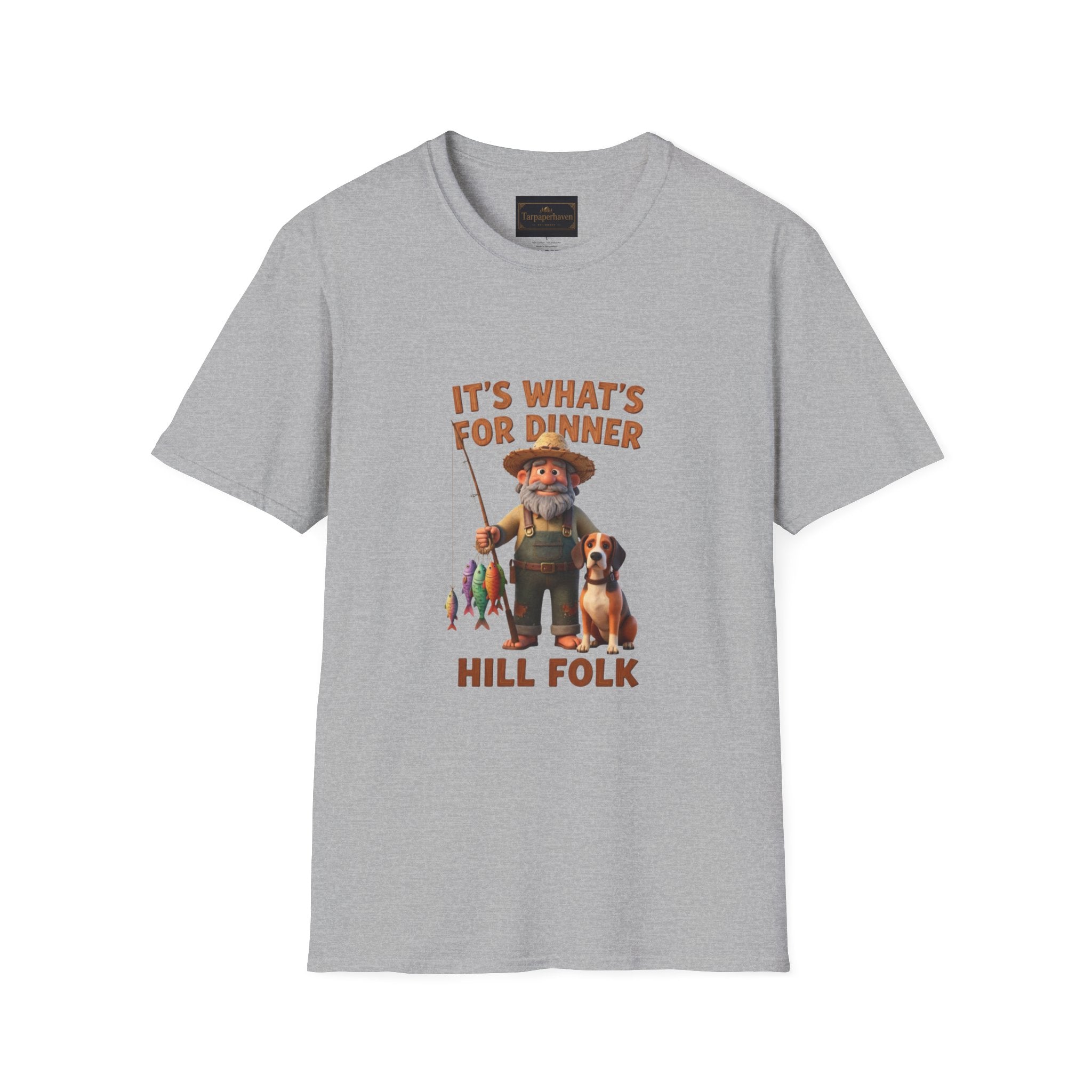 It's What's For Dinner Hill Folk T-Shirt — Rustic Fisherman & Dog Graphic Tee
