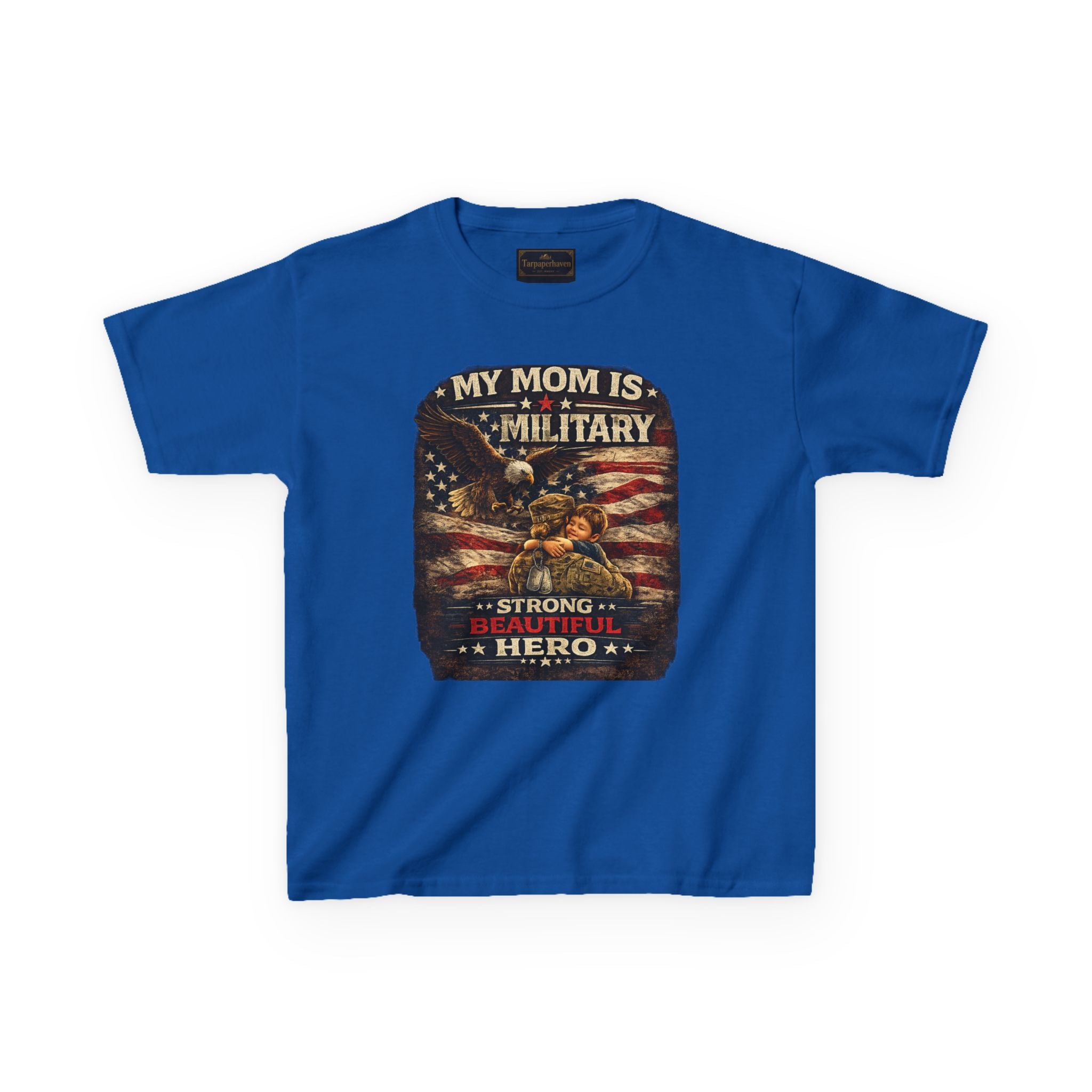 Kids Tee — "My Mom Is Military" Patriotic American Flag Shirt