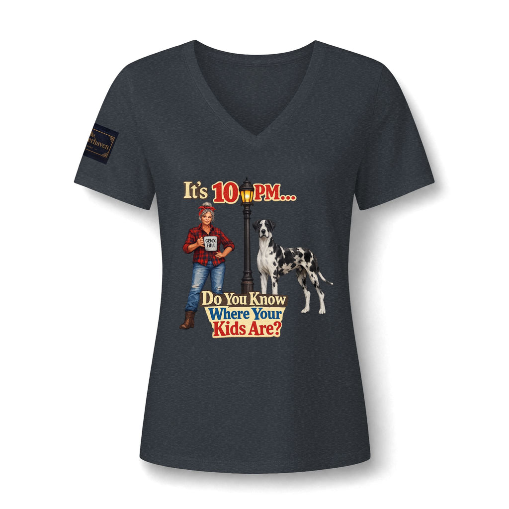 V-Neck Tee — "It's 10 PM... Do You Know Where Your Kids Are?" Retro Dog Graphic