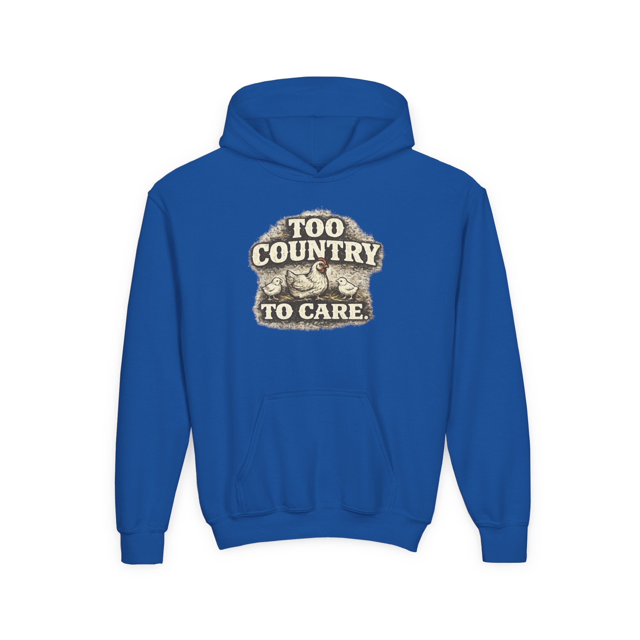 Youth Hoodie — 'Too Country to Care' / Appalachian Faith Graphic