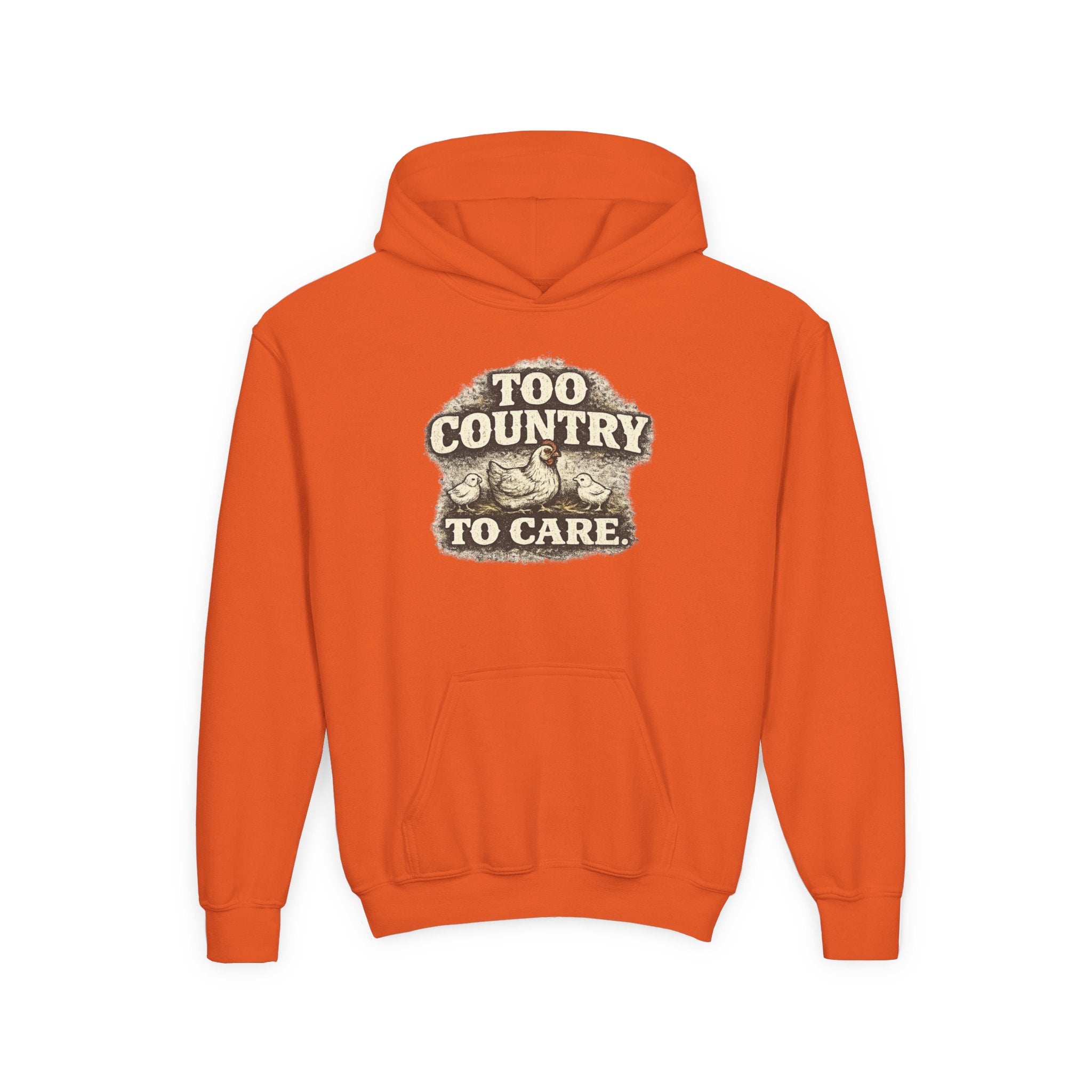 Youth Hoodie — 'Too Country to Care' / Appalachian Faith Graphic
