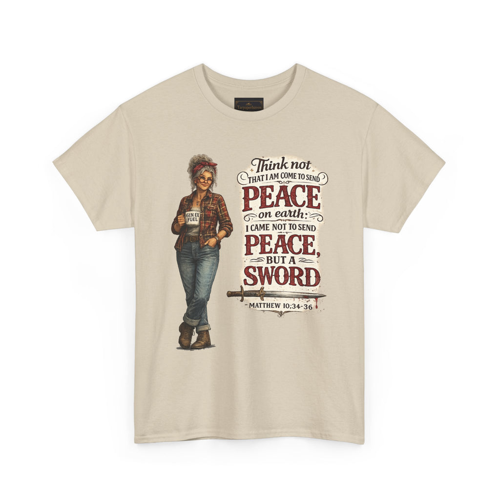 Christian Faith Tee — "I Come Not to Send Peace but a Sword" Matthew 10:34 Graphic Shirt