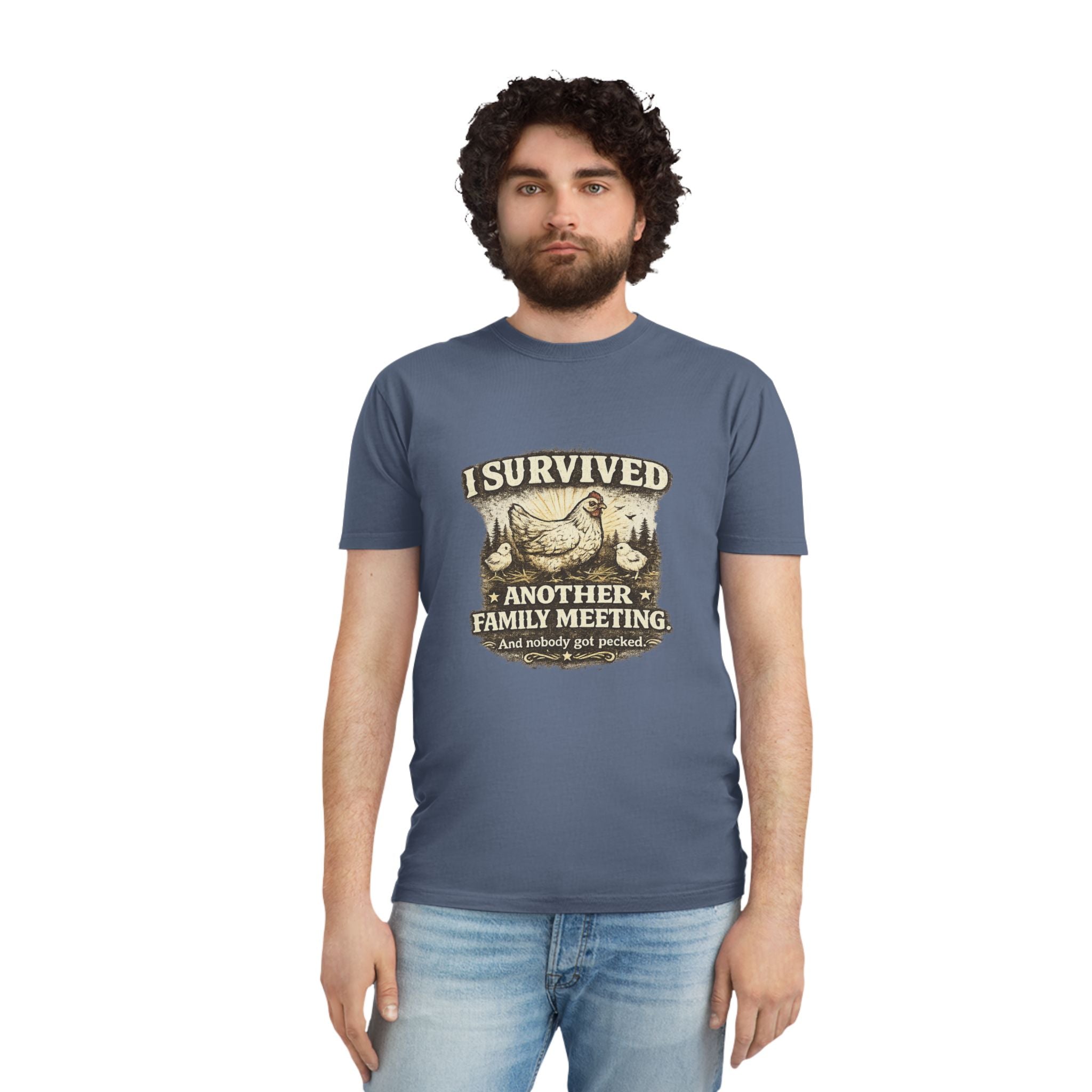 T-Shirt — "I Survived Another Family Meeting" Vintage Chicken Humor Tee