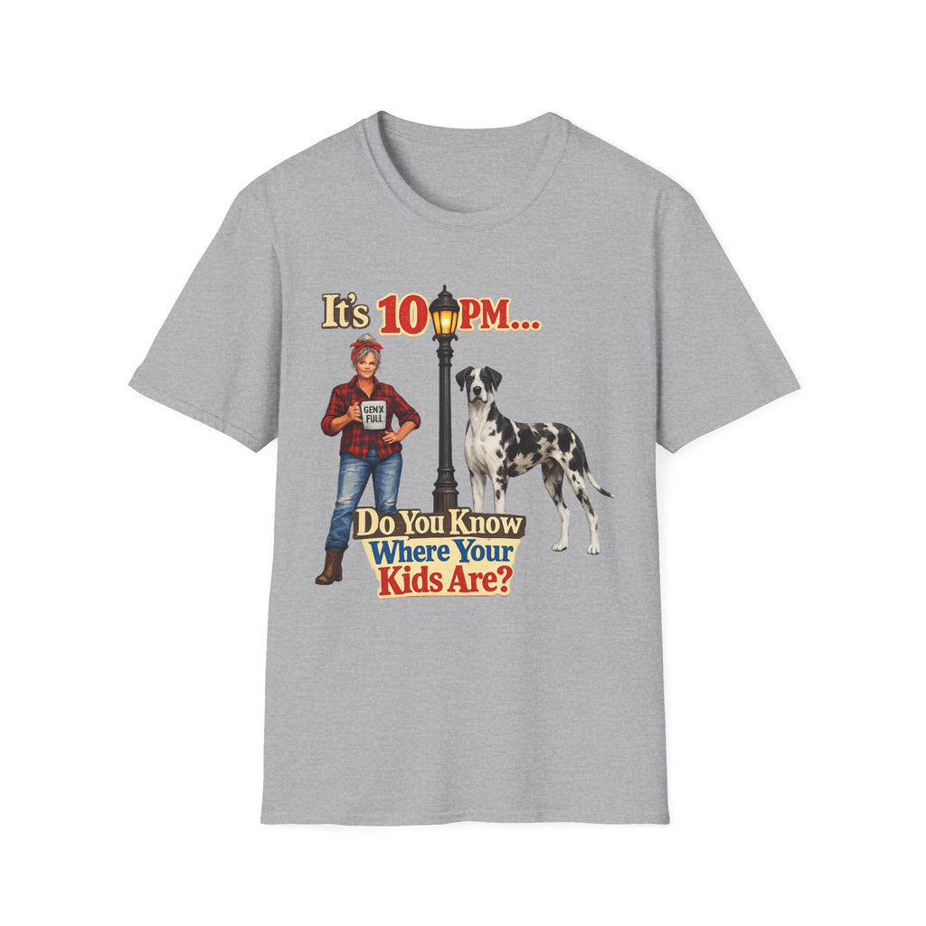 T‑Shirt — "It's 10 PM... Do You Know Where Your Kids Are?" Vintage Lamp & Dog Graphic