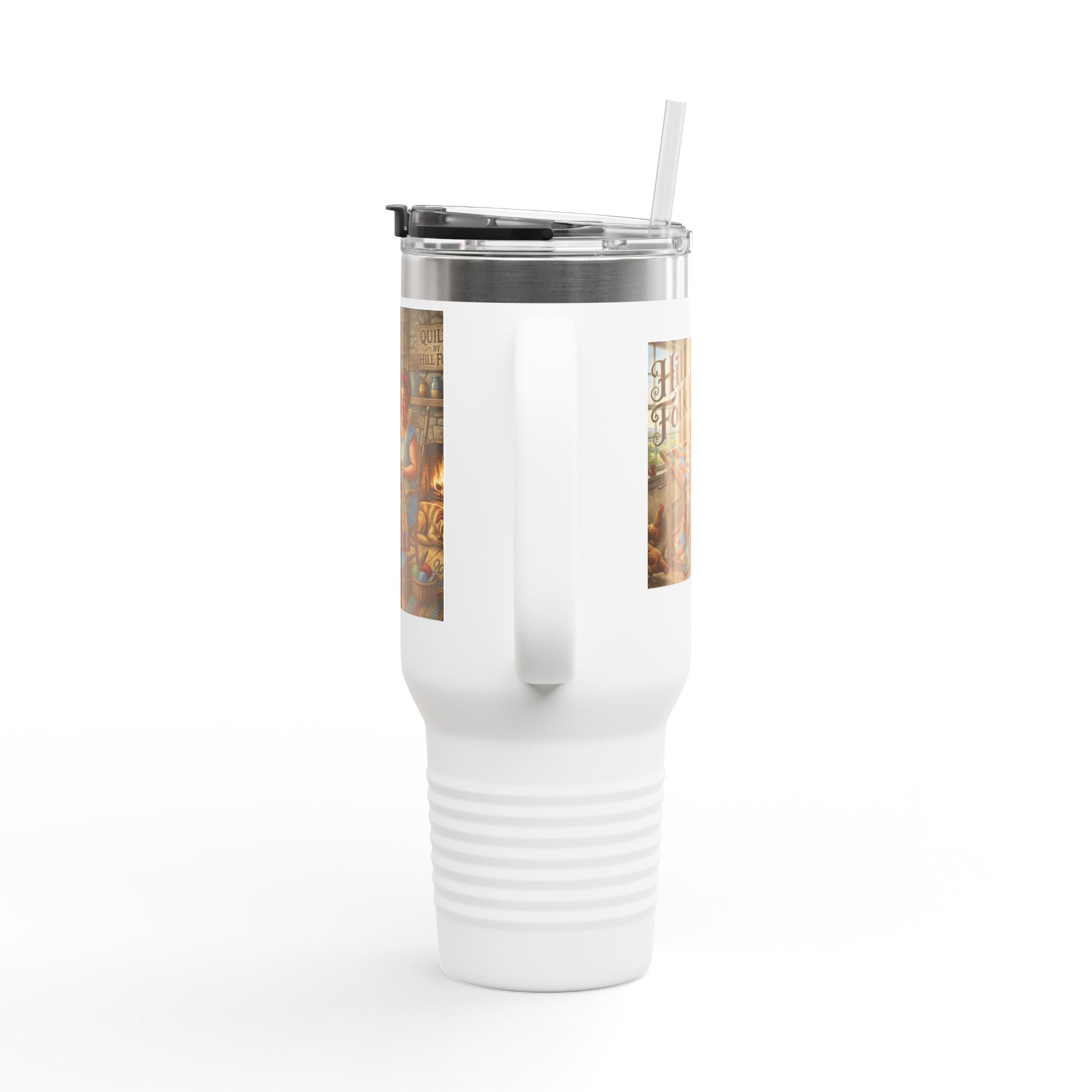 40oz Insulated Travel Mug — Cozy Hillfolk Cabin quilting Scene
