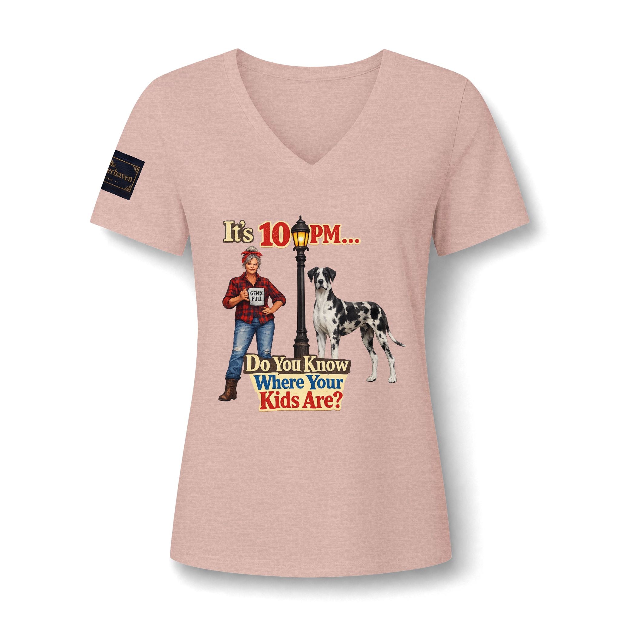 V-Neck Tee — "It's 10 PM... Do You Know Where Your Kids Are?" Retro Dog Graphic