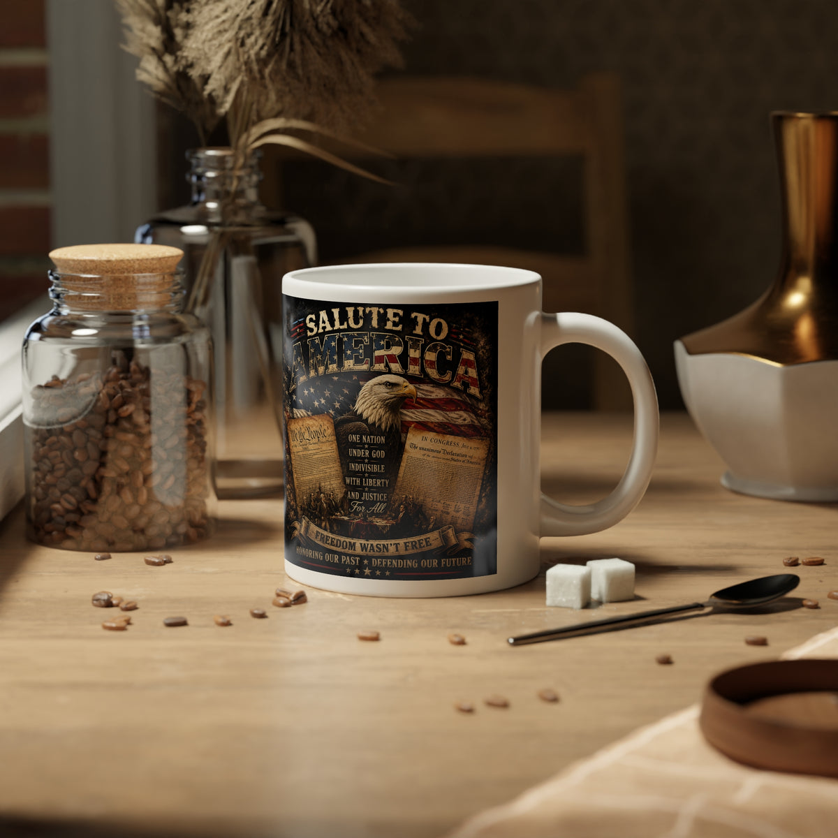 Jumbo Mug — Patriotic 'Salute to America' 20oz Coffee Cup with Constitution & Flag Design