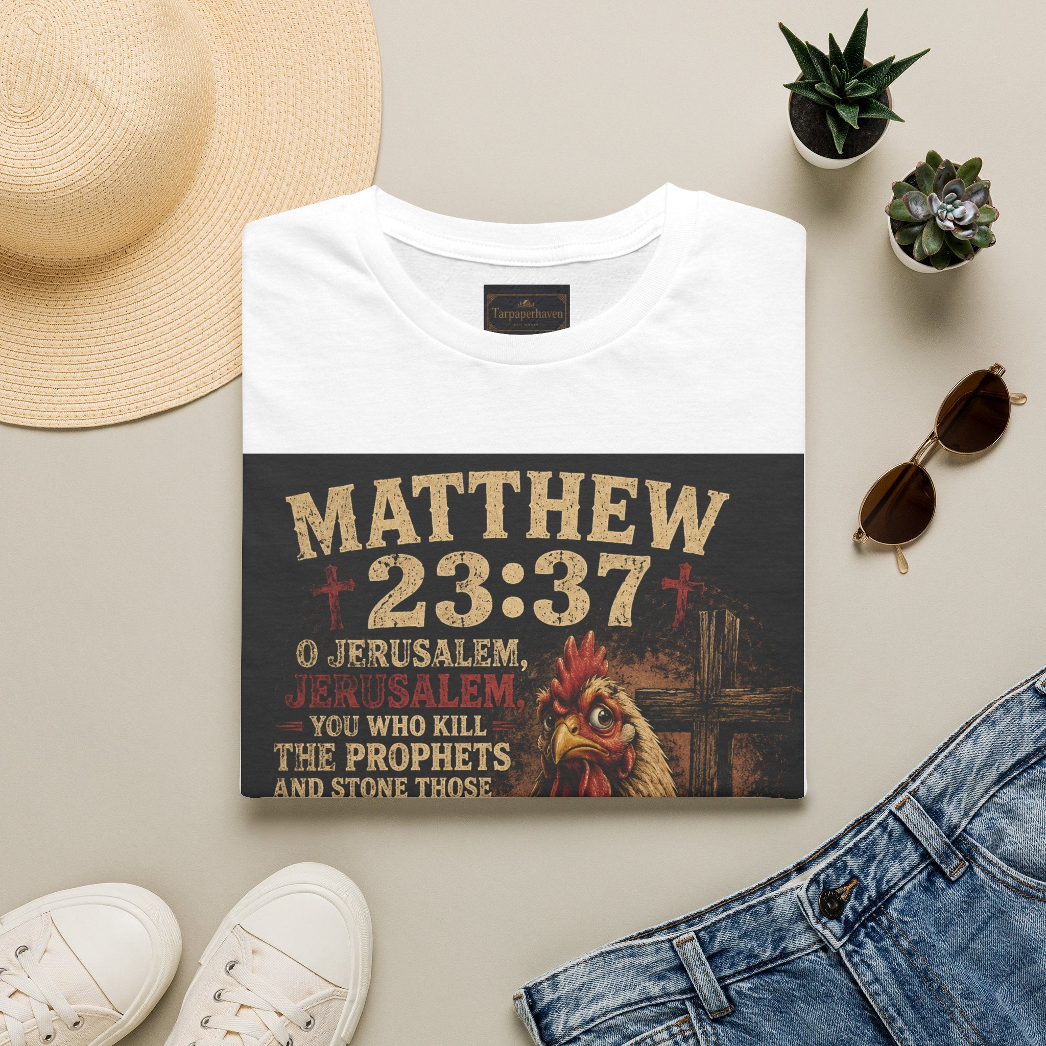 Matthew 23:37 Scripture T-Shirt — Jerusalem Biblical Verse Hen Design
