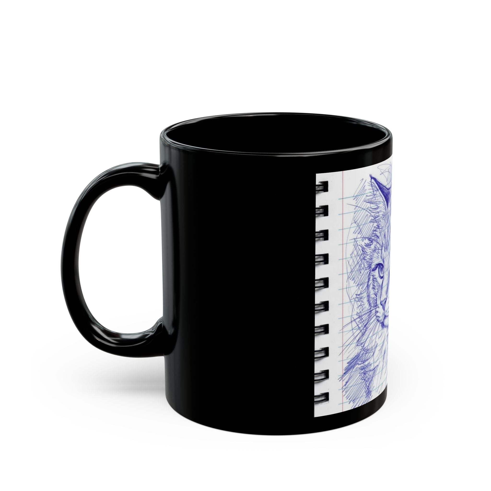 Blue Pen Sketch Cat Mug — Black Ceramic Coffee Cup (11oz/15oz)