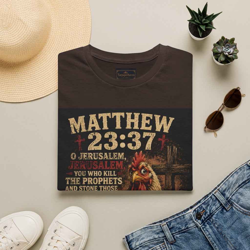 Matthew 23:37 Scripture T-Shirt — Jerusalem Biblical Verse Hen Design