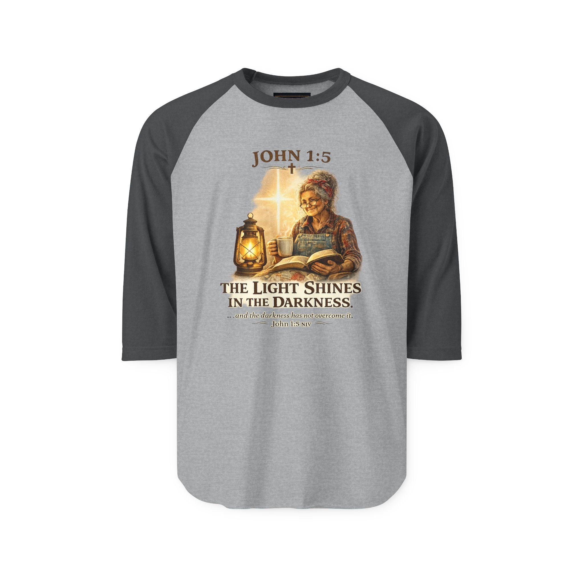 John 1:5 Lantern Graphic Raglan Shirt — "The Light Shines in the Darkness" Christian Baseball Tee