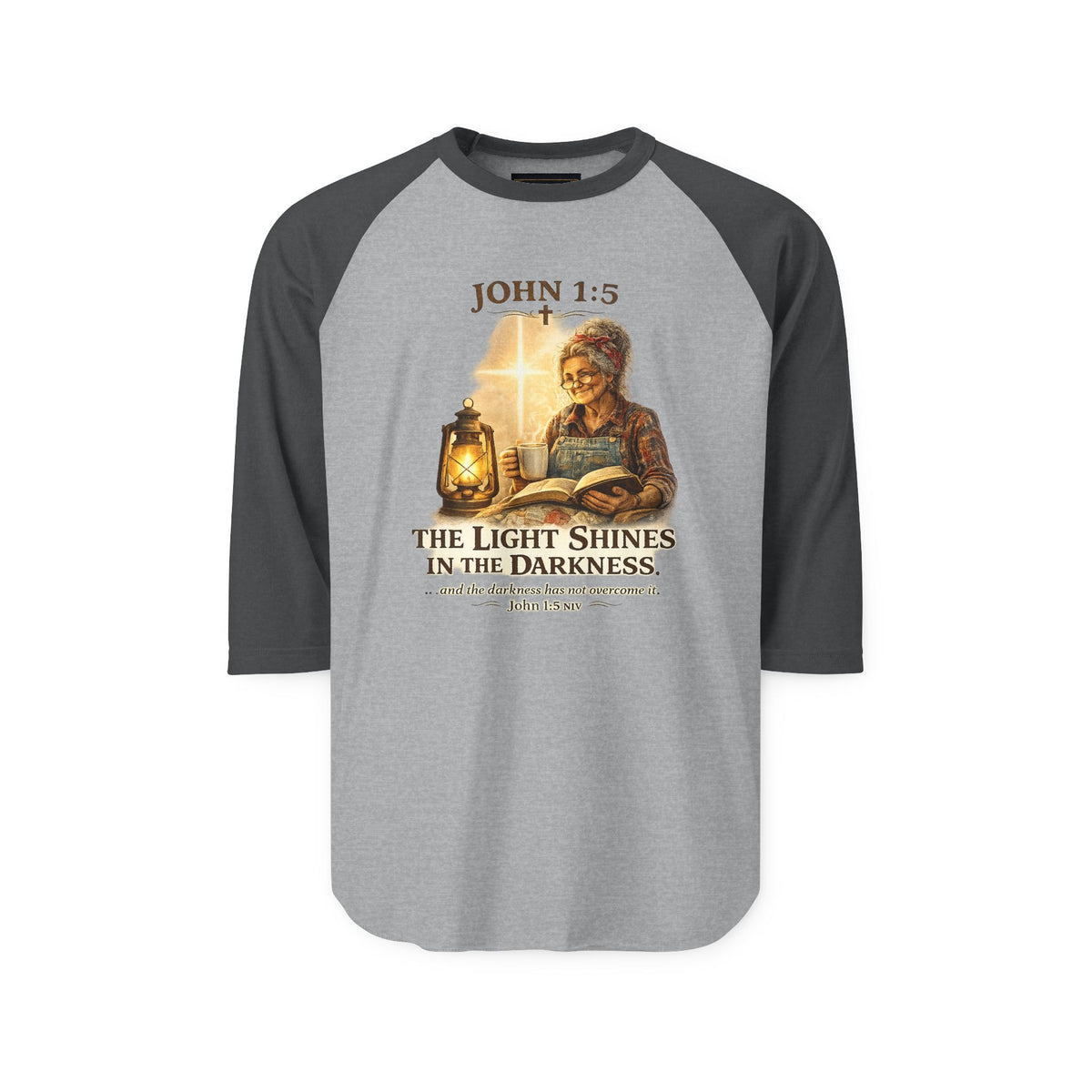 John 1:5 Lantern Graphic Raglan Shirt — "The Light Shines in the Darkness" Christian Baseball Tee