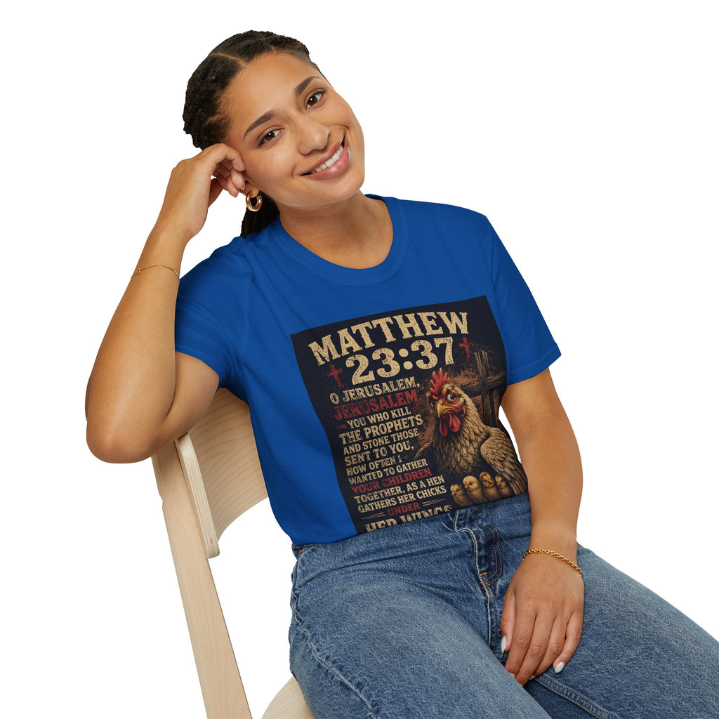 Matthew 23:37 Scripture T-Shirt — Jerusalem Biblical Verse Hen Design