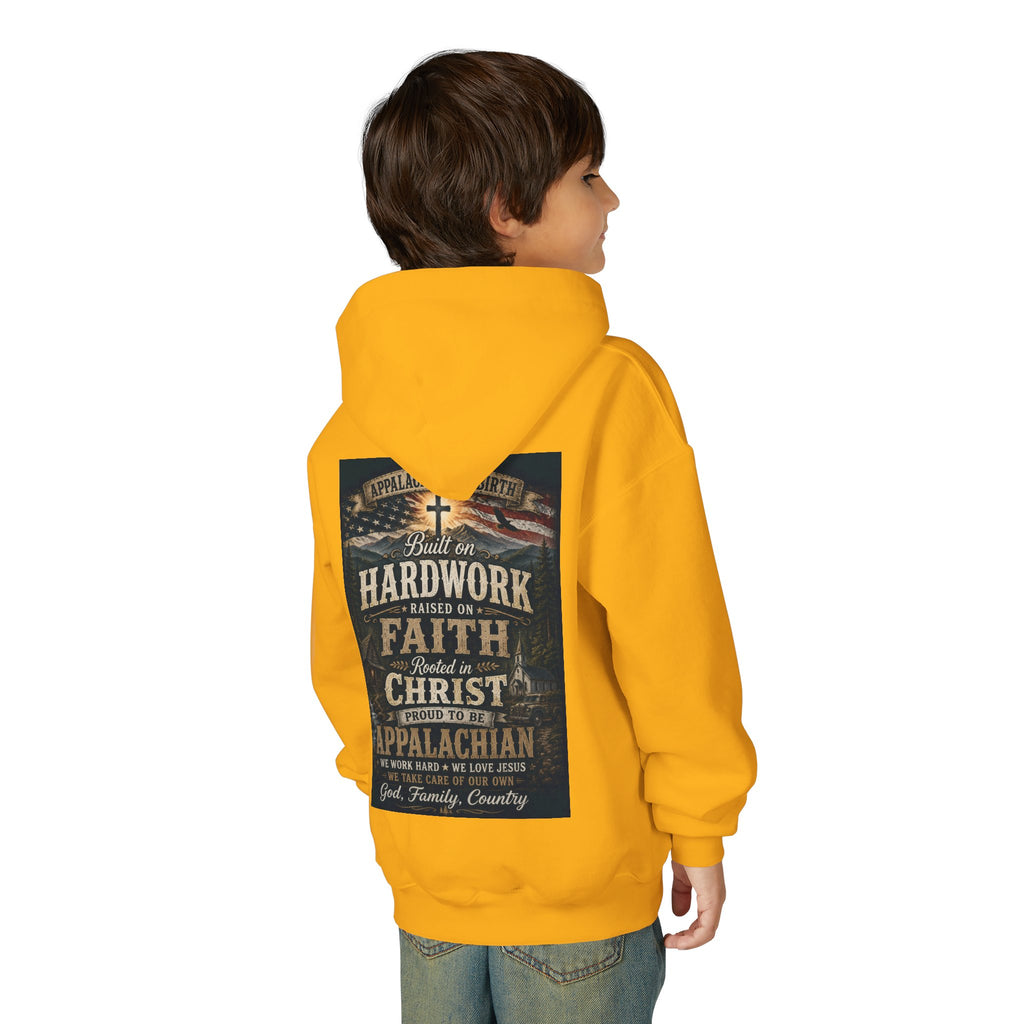 Youth Hoodie — 'Too Country to Care' / Appalachian Faith Graphic