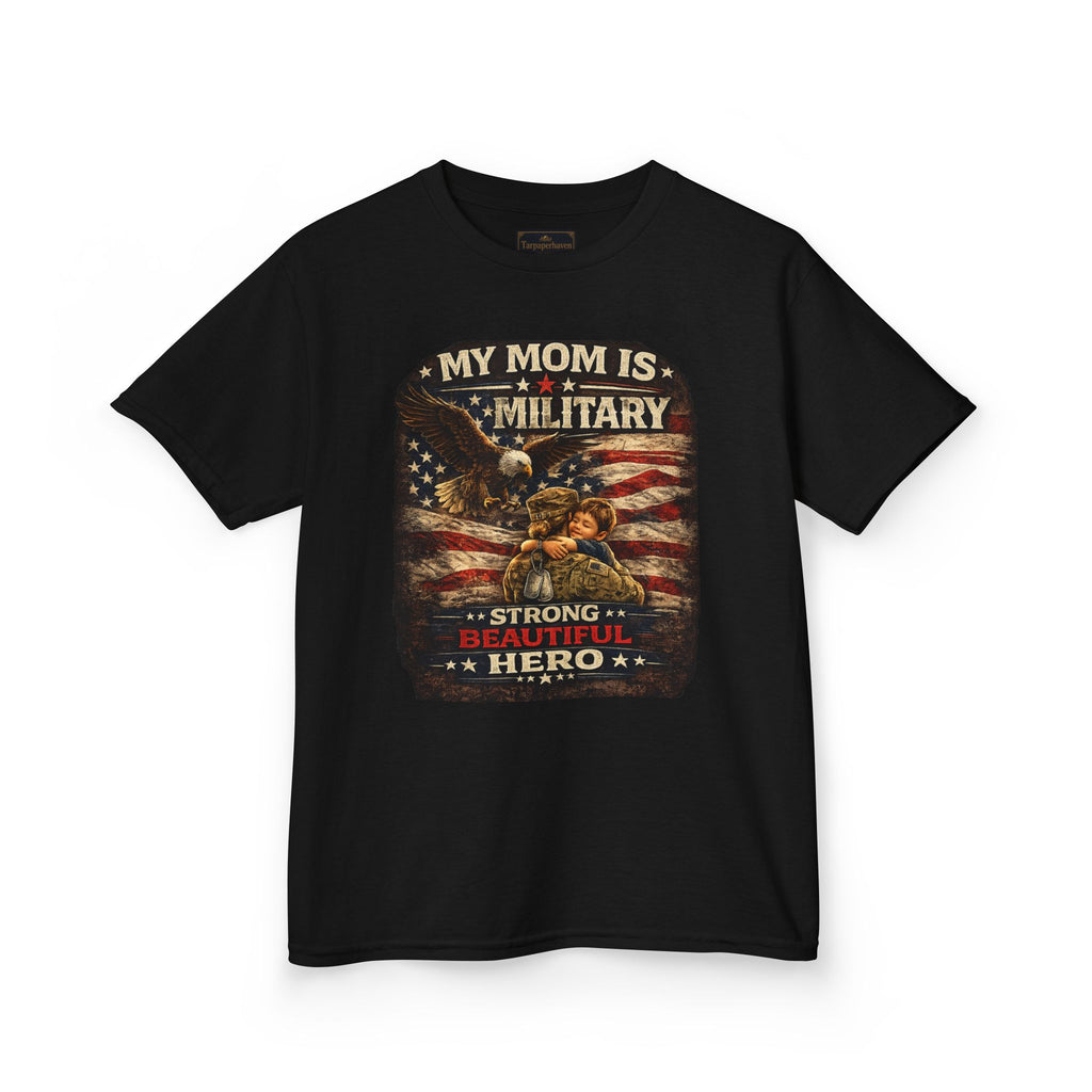 Kids Tee — "My Mom Is Military" Patriotic American Flag Shirt