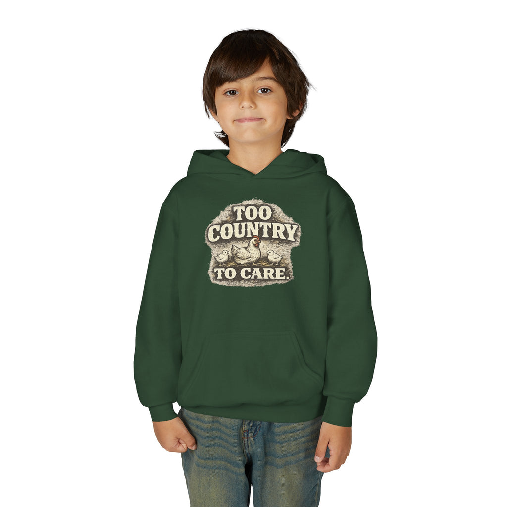 Youth Hoodie — 'Too Country to Care' / Appalachian Faith Graphic
