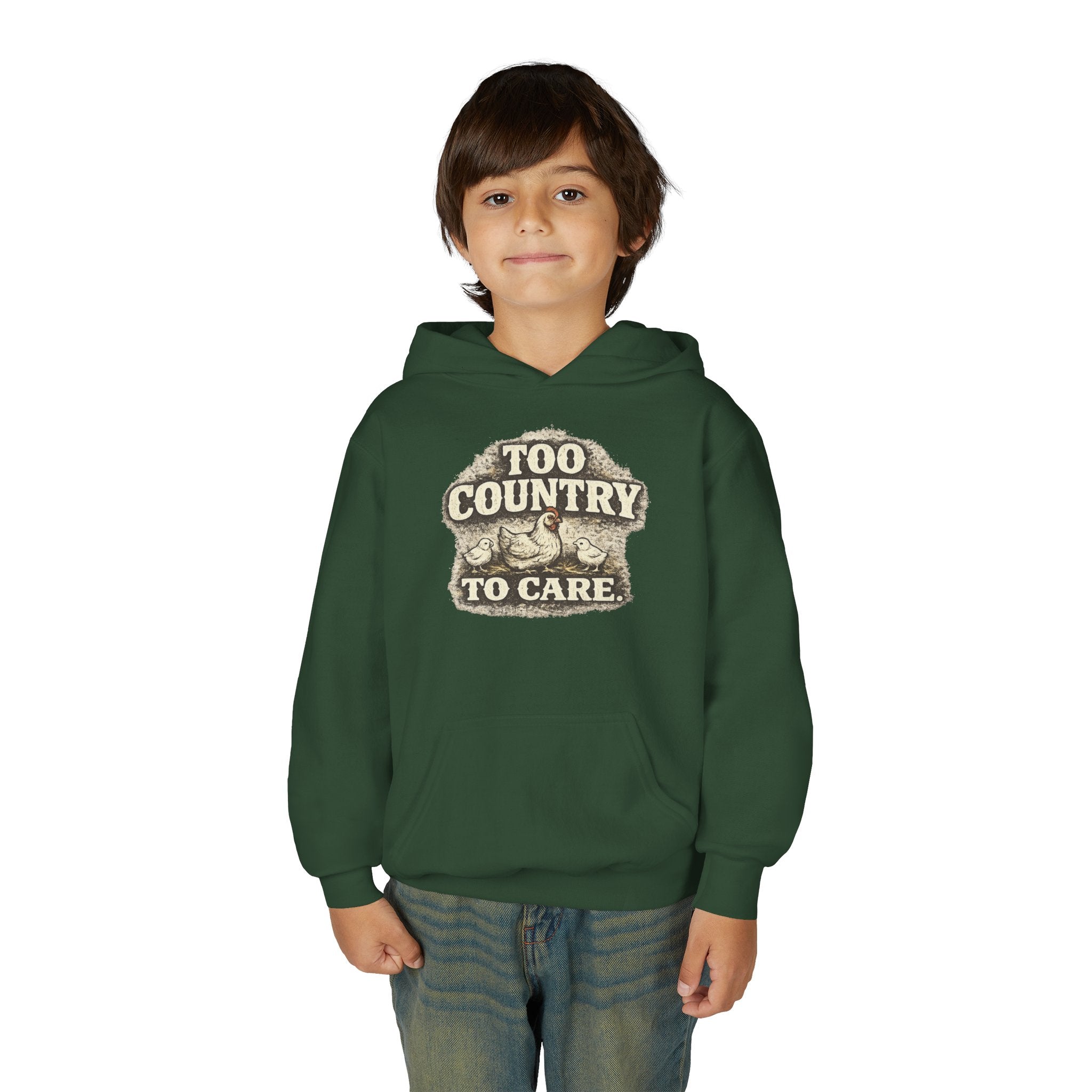 Youth Hoodie — 'Too Country to Care' / Appalachian Faith Graphic