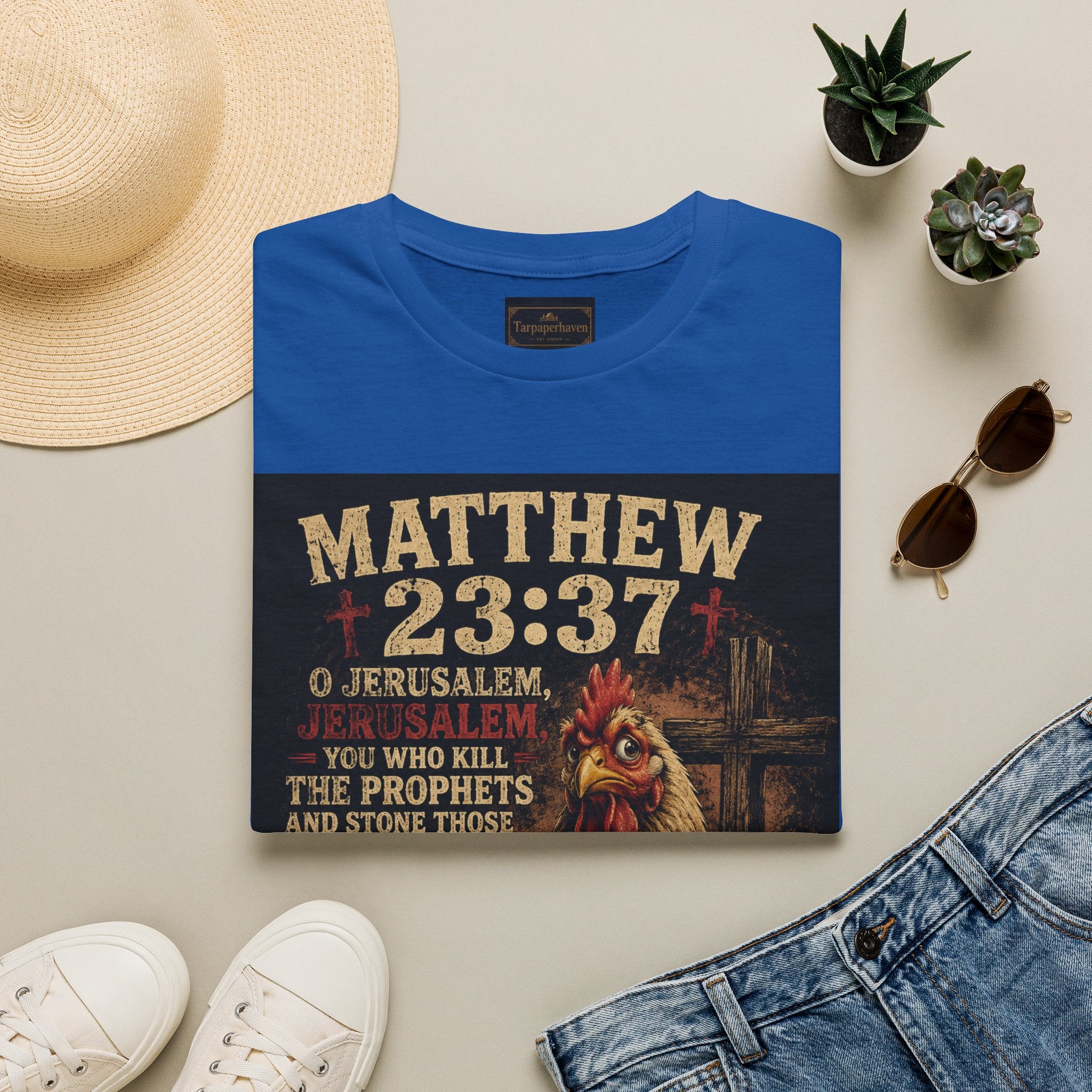 Matthew 23:37 Scripture T-Shirt — Jerusalem Biblical Verse Hen Design