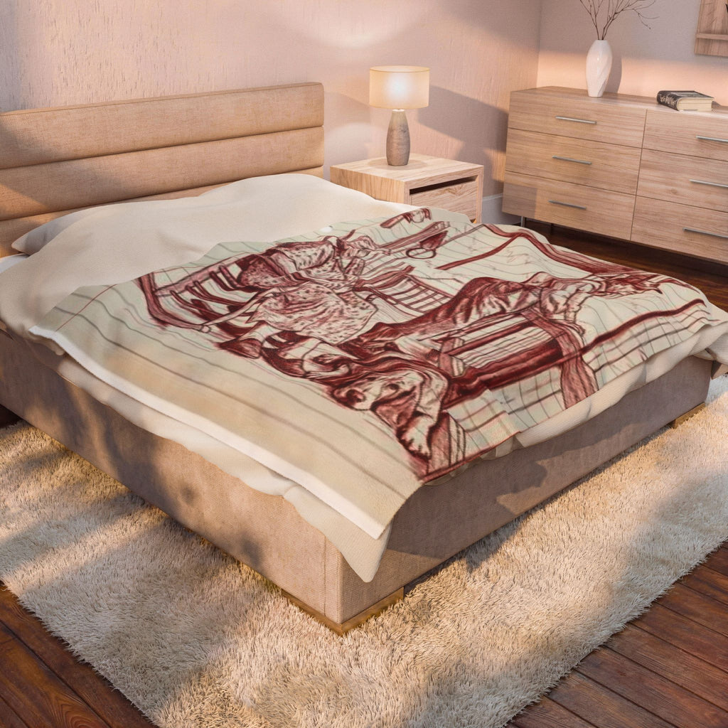 Red work Portrait Velveteen Plush Blanket — Vintage Sketch of Elder Couple & Dog