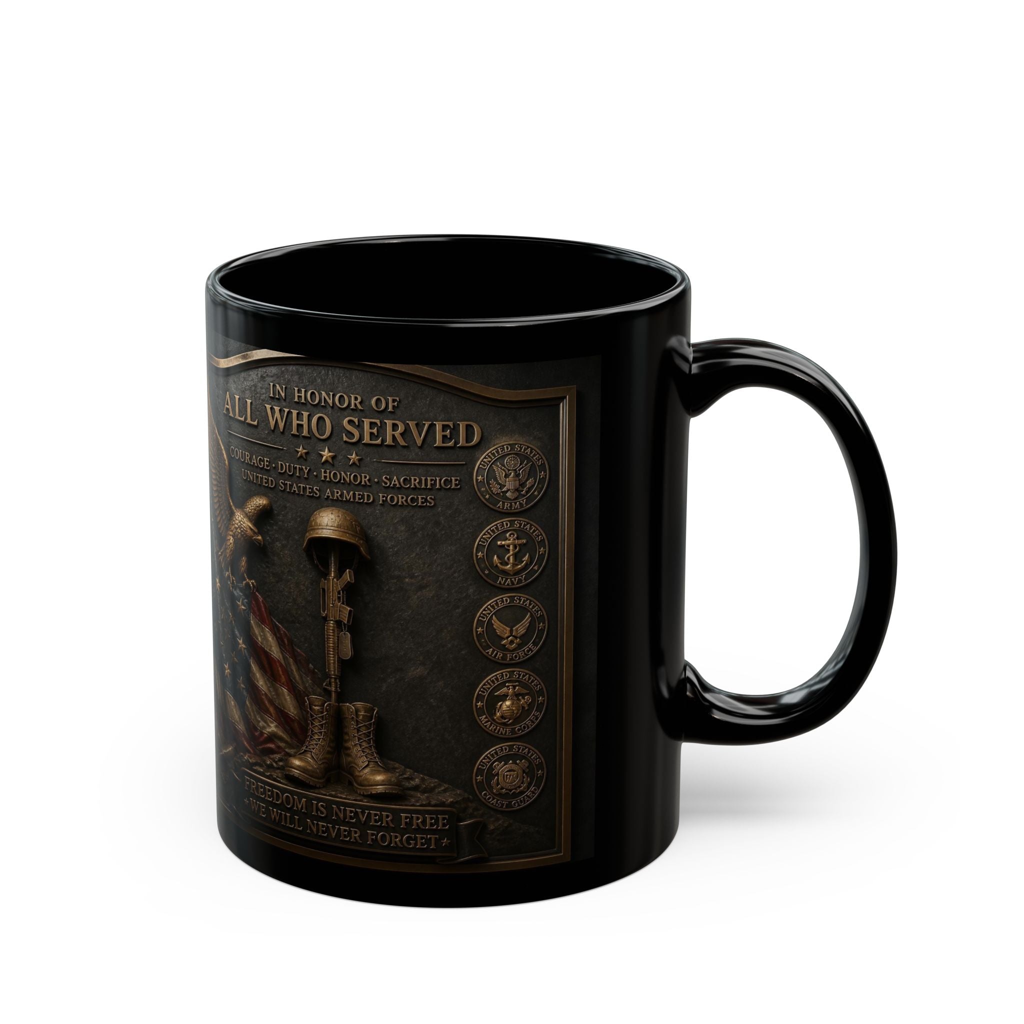 Patriotic Veteran Tribute Black Mug — "In Honor of All Who Served" Memorial Coffee Cup