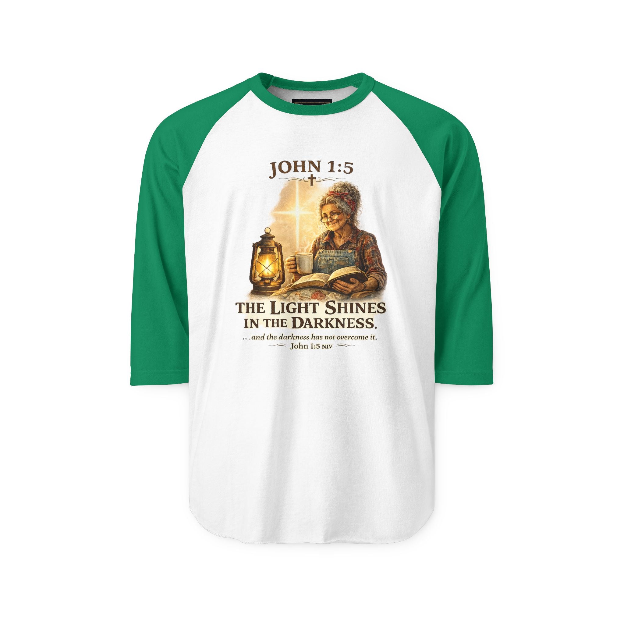 John 1:5 Lantern Graphic Raglan Shirt — "The Light Shines in the Darkness" Christian Baseball Tee
