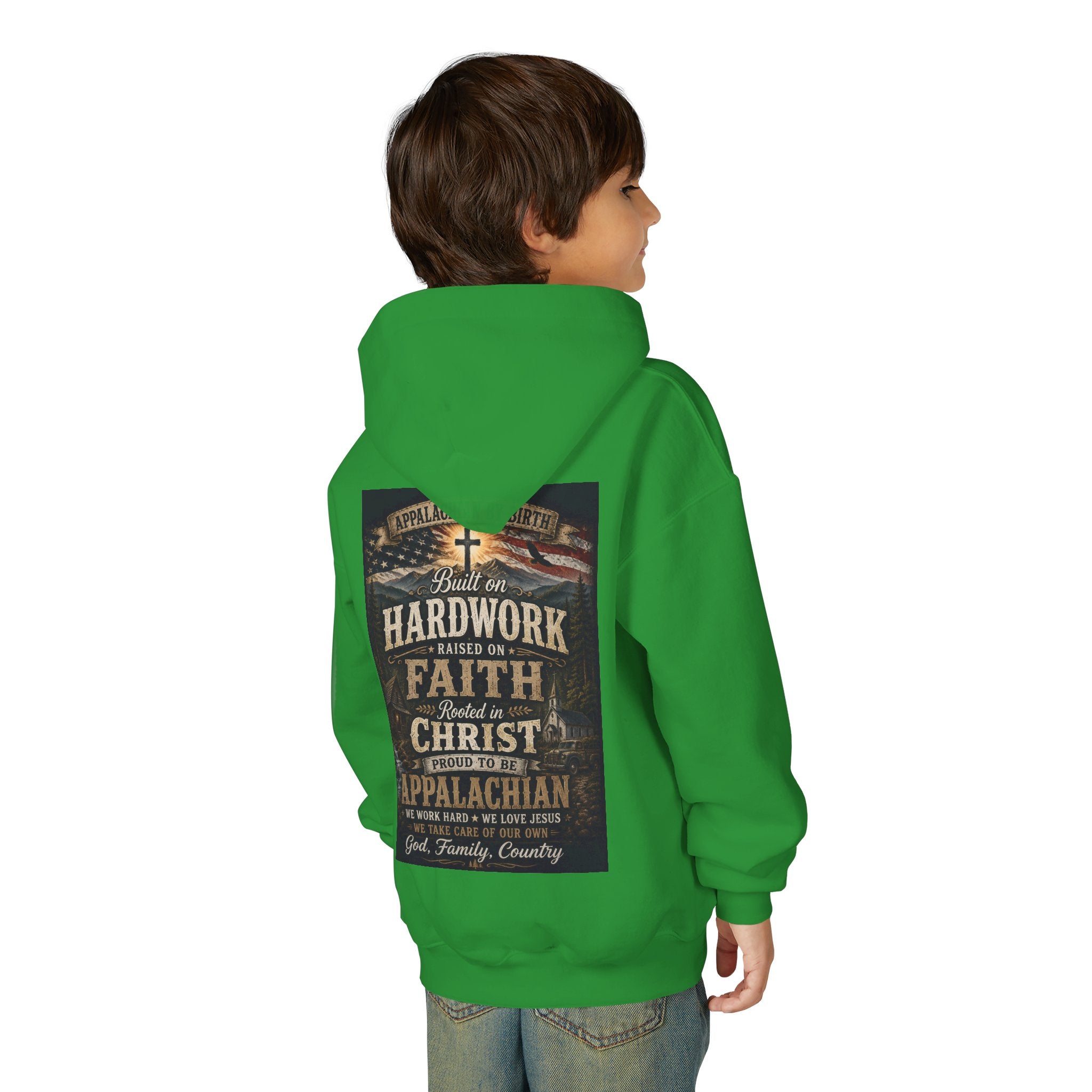 Youth Hoodie — 'Too Country to Care' / Appalachian Faith Graphic