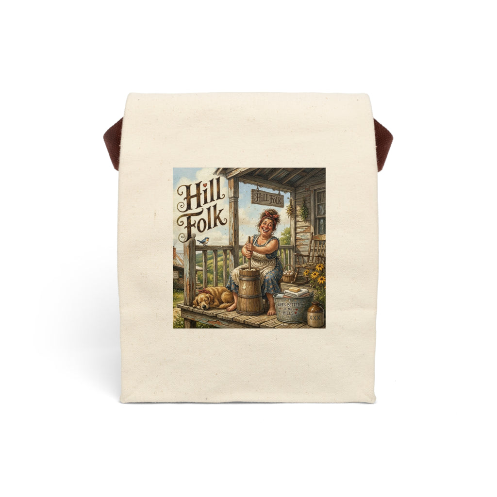 Hill Folk Butter Churning Canvas Lunch Bag — Rustic Woman Illustration