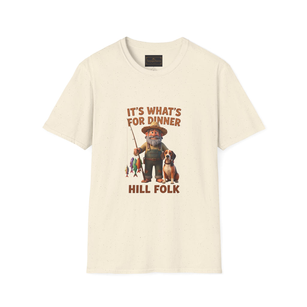 It's What's For Dinner Hill Folk T-Shirt — Rustic Fisherman & Dog Graphic Tee
