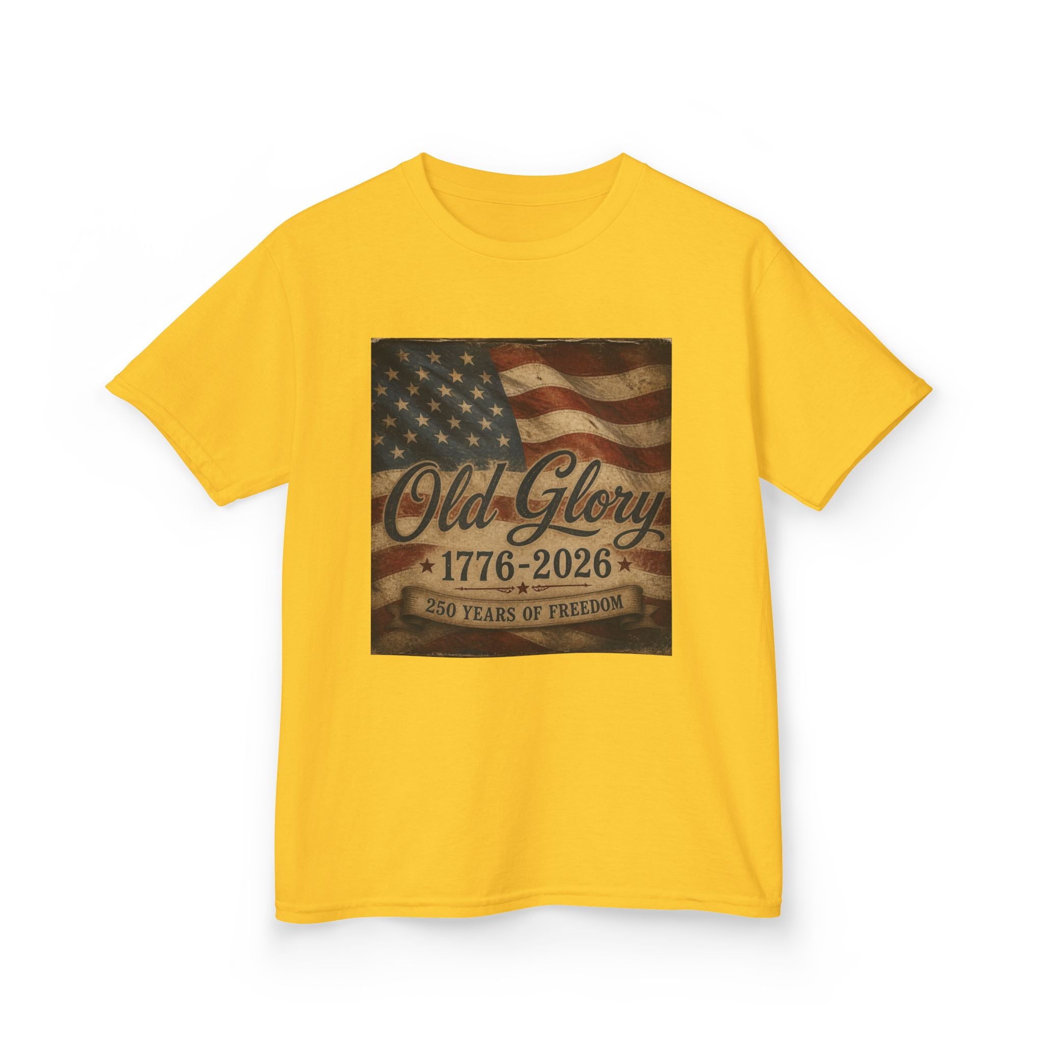 Kids T‑Shirt — "Old Glory 1776–2026" Vintage American Flag Patriotic Tee