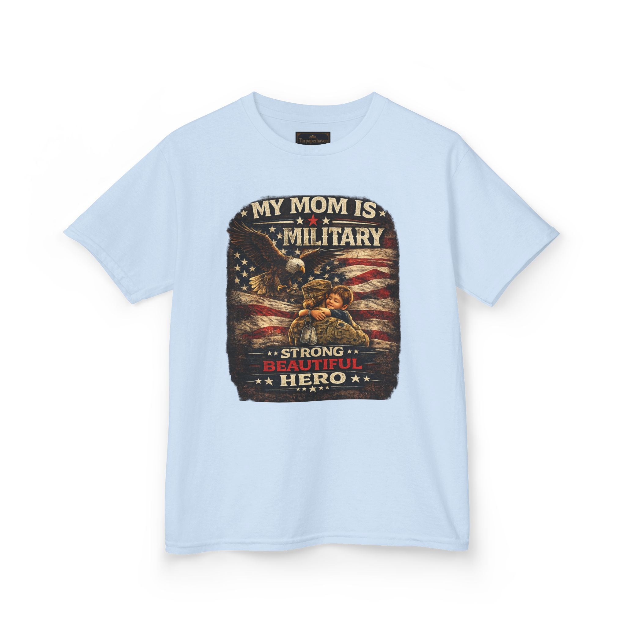 Kids Tee — "My Mom Is Military" Patriotic American Flag Shirt