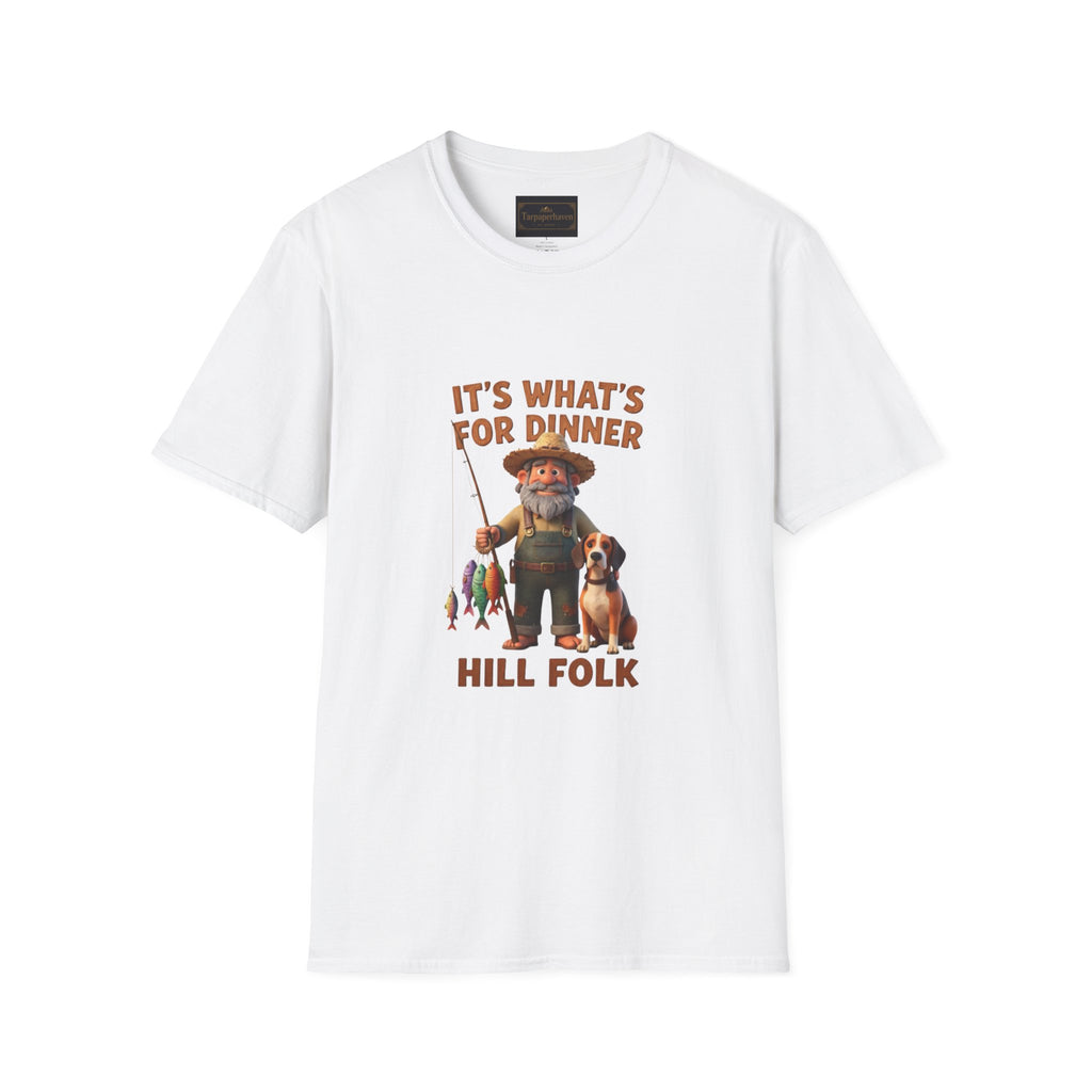 It's What's For Dinner Hill Folk T-Shirt — Rustic Fisherman & Dog Graphic Tee