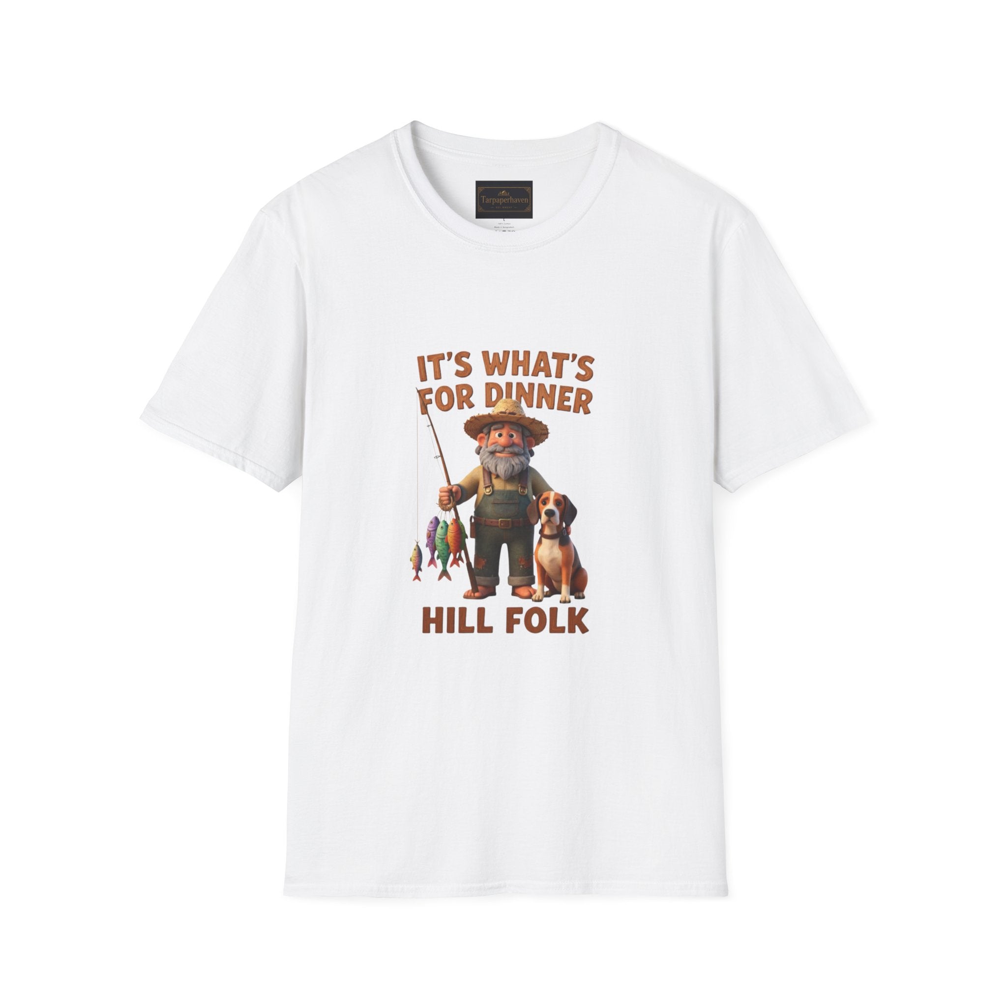 It's What's For Dinner Hill Folk T-Shirt — Rustic Fisherman & Dog Graphic Tee