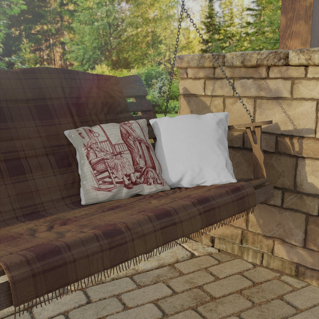 Hill folk red work americana Porch Outdoor Pillow