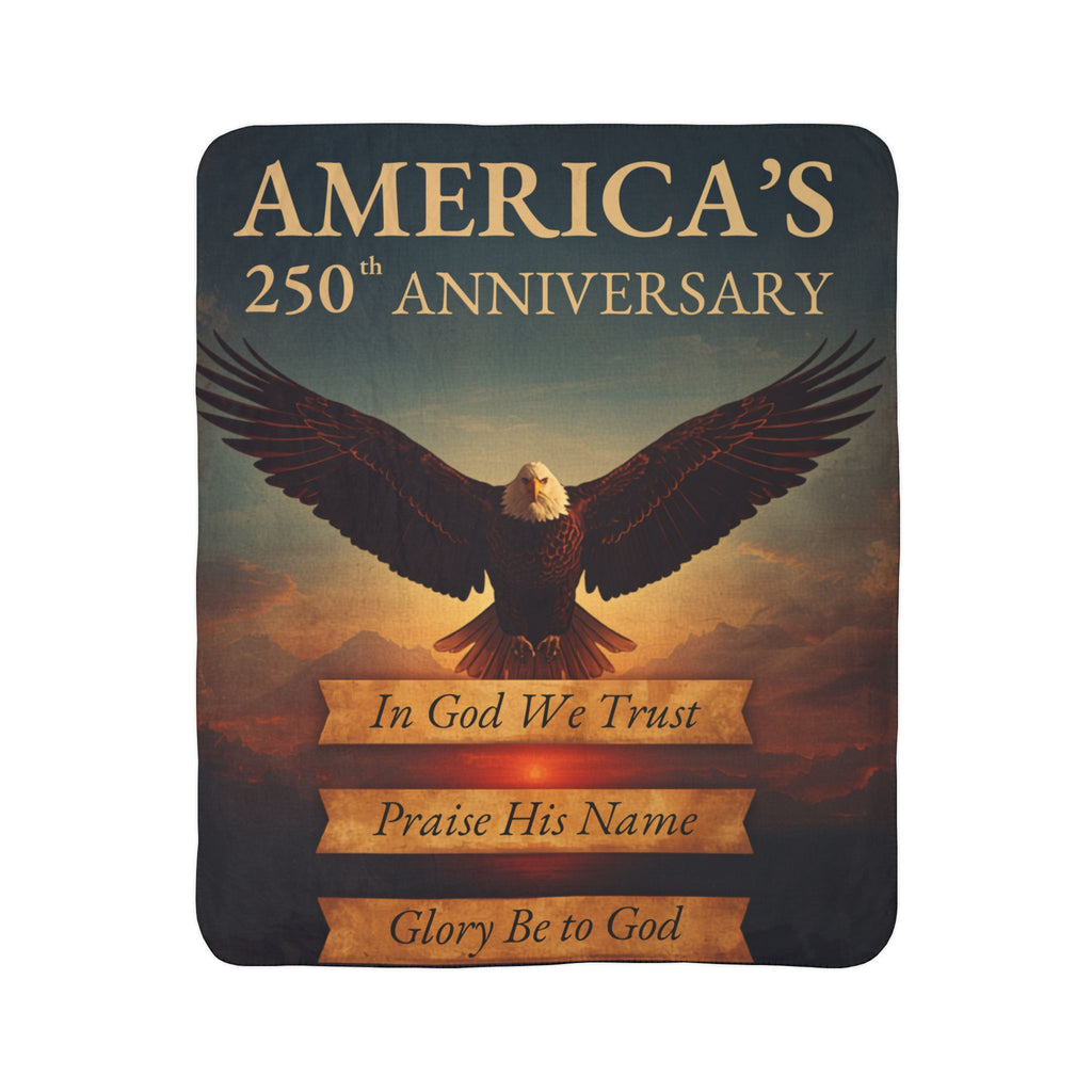 America's 250th Anniversary Sherpa Blanket — Patriotic Bald Eagle Fleece with 'In God We Trust' Text