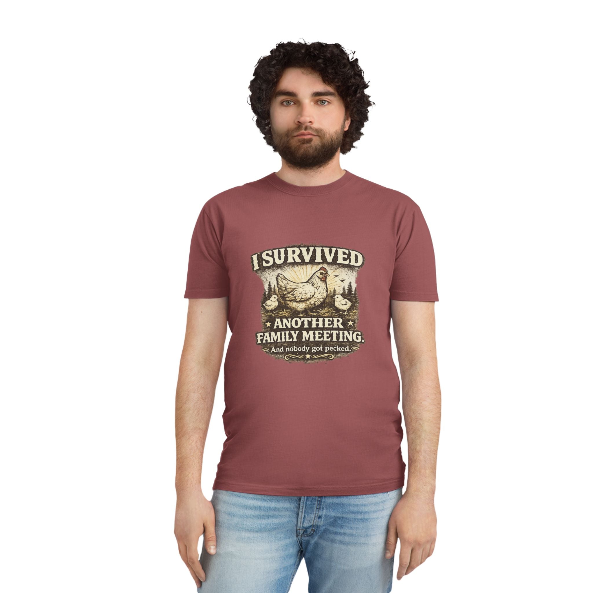 T-Shirt — "I Survived Another Family Meeting" Vintage Chicken Humor Tee