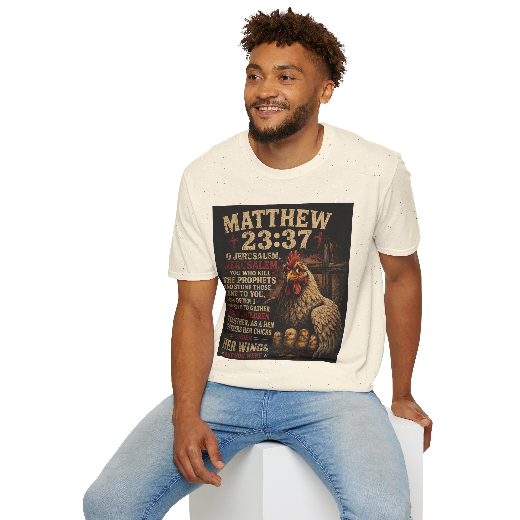 Matthew 23:37 Scripture T-Shirt — Jerusalem Biblical Verse Hen Design