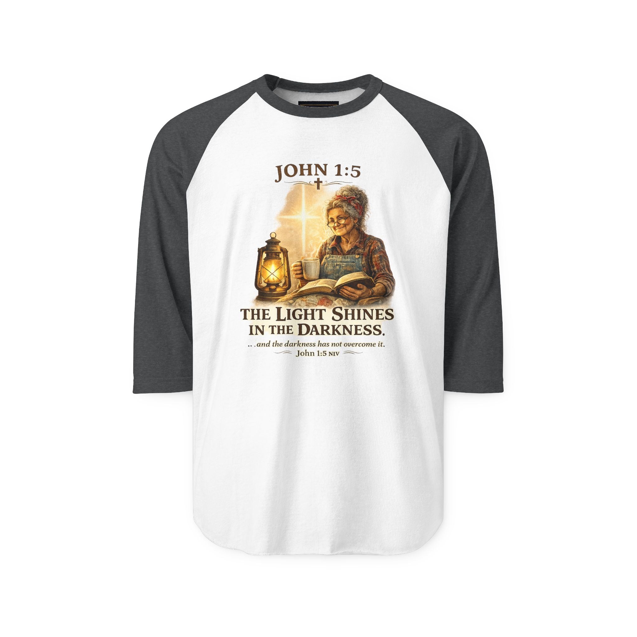 John 1:5 Lantern Graphic Raglan Shirt — "The Light Shines in the Darkness" Christian Baseball Tee