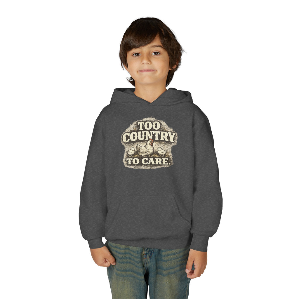 Youth Hoodie — 'Too Country to Care' / Appalachian Faith Graphic