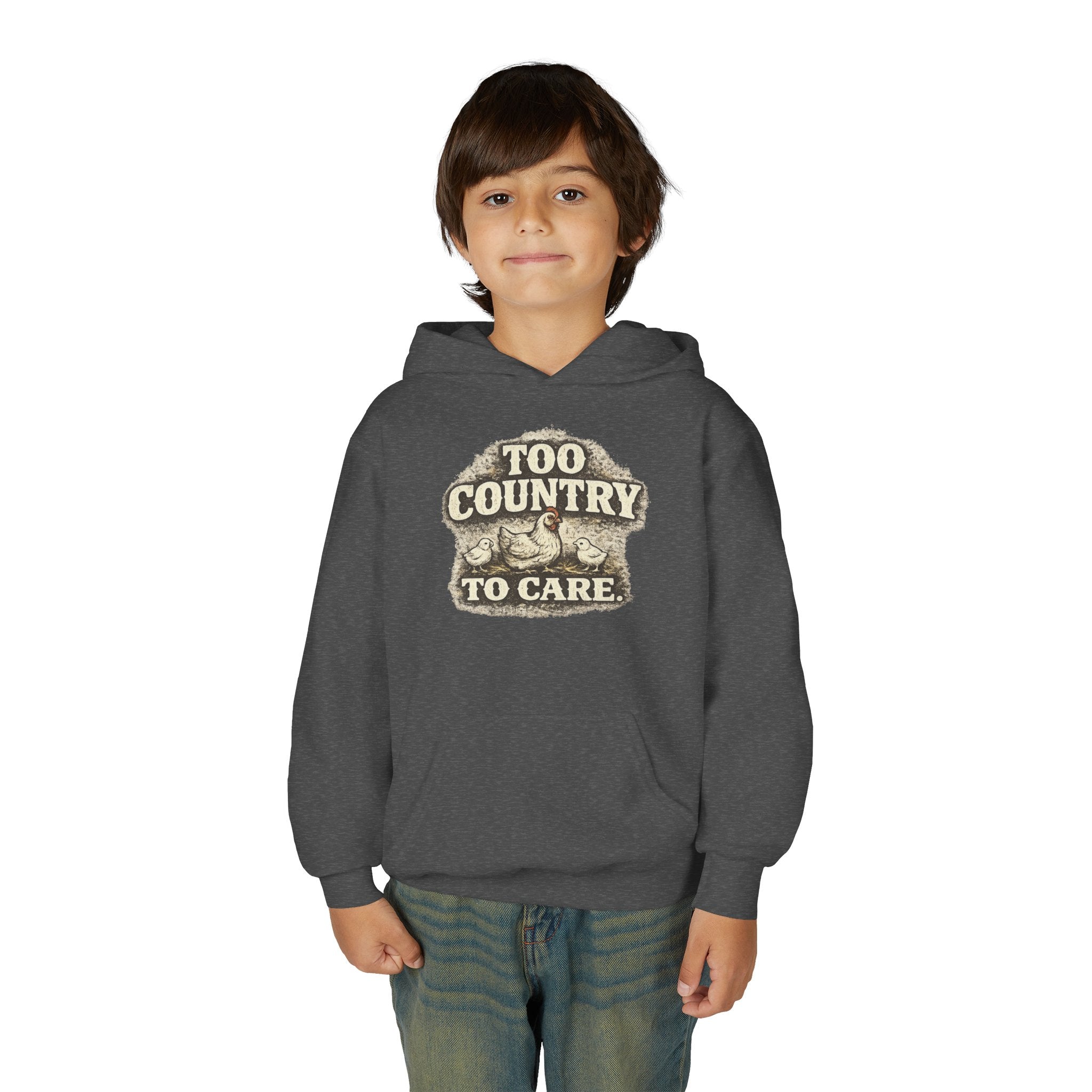 Youth Hoodie — 'Too Country to Care' / Appalachian Faith Graphic