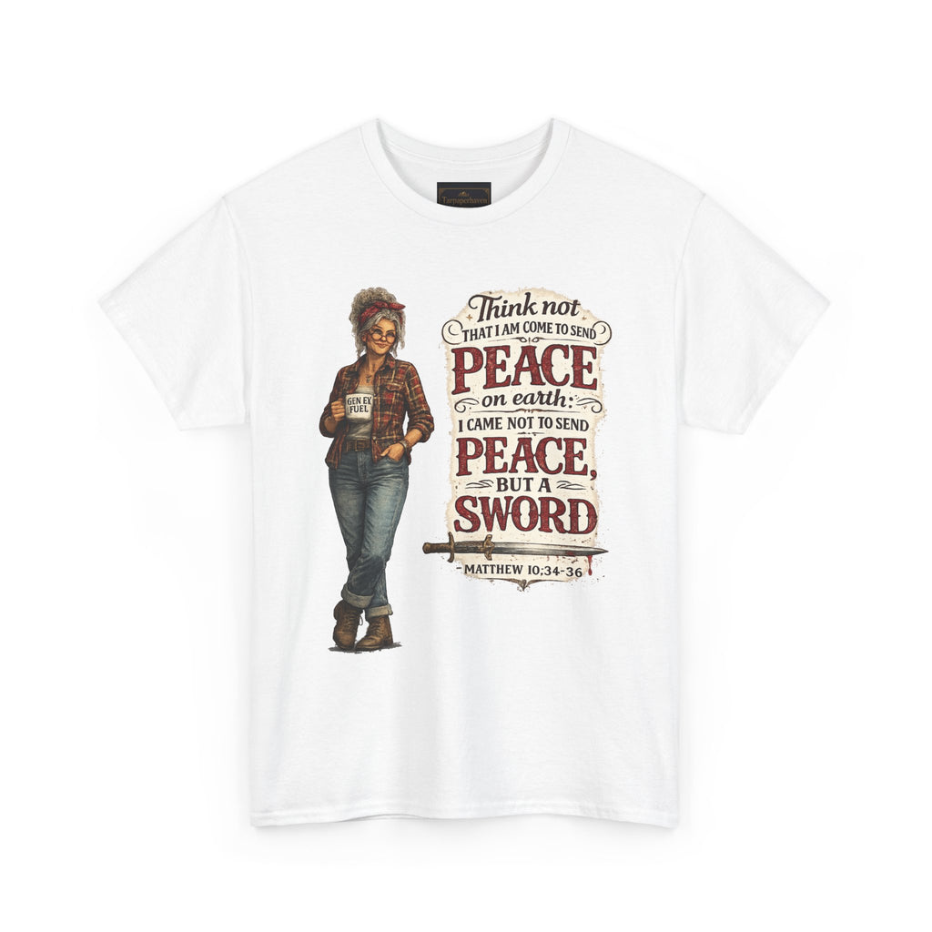 Christian Faith Tee — "I Come Not to Send Peace but a Sword" Matthew 10:34 Graphic Shirt