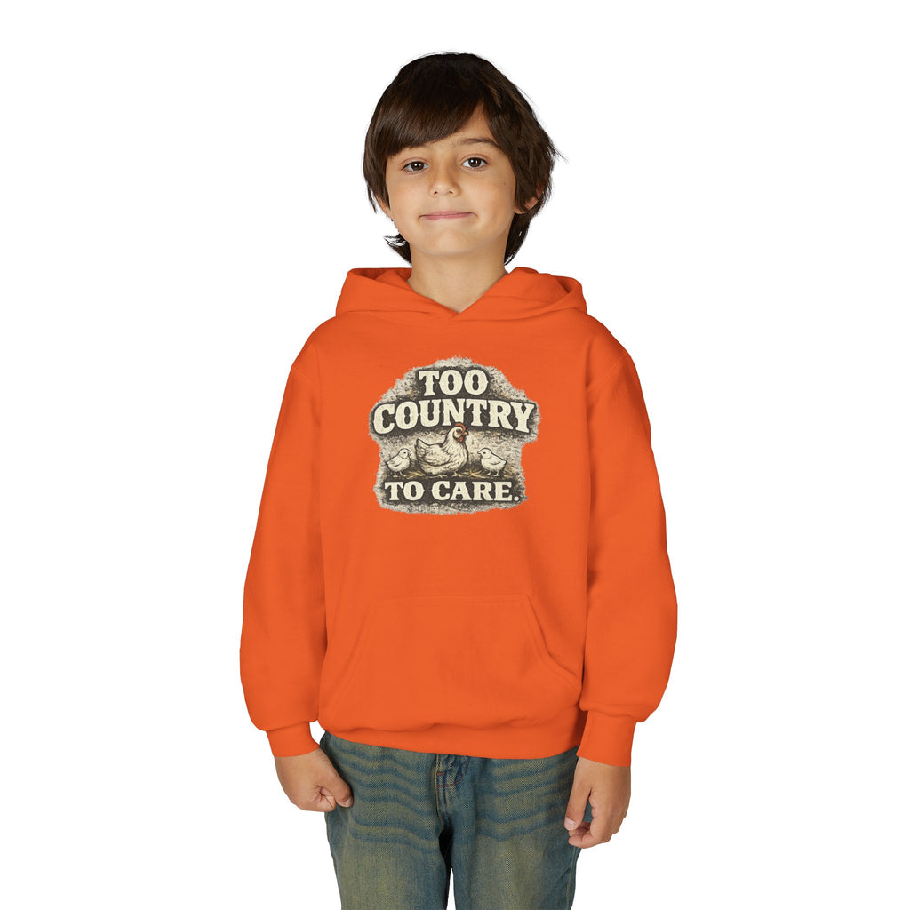 Youth Hoodie — 'Too Country to Care' / Appalachian Faith Graphic