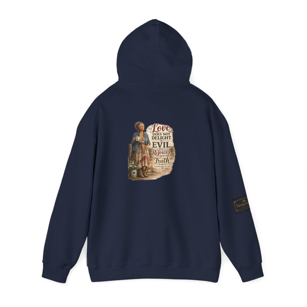 Christian Faith Hoodie - "Love Does Not Delight in Evil" Scripture Sweatshirt