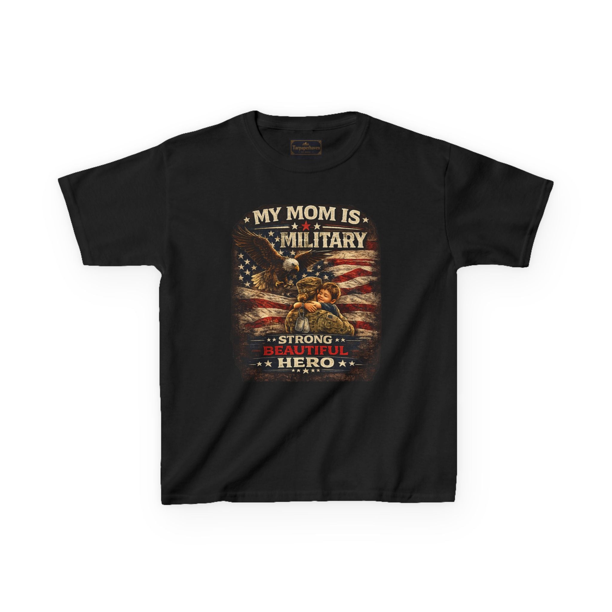 Kids Tee — "My Mom Is Military" Patriotic American Flag Shirt