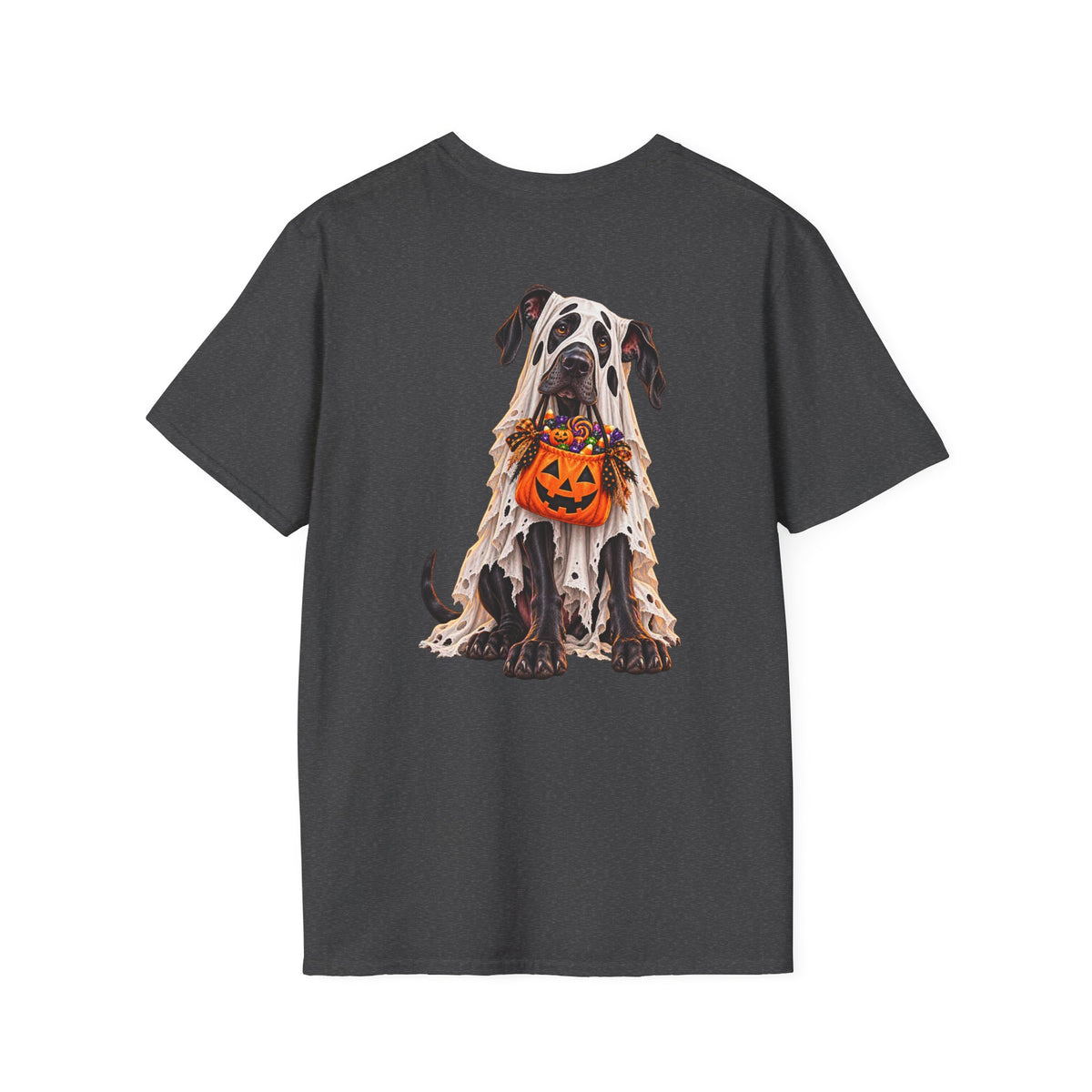 Halloween Dog T-Shirt — Great Dane with Pumpkin Candy Pail