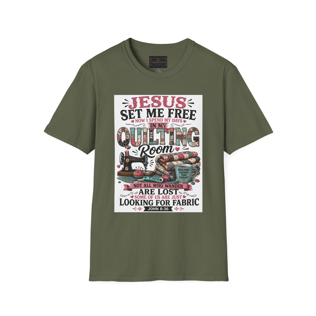 Quilting T-Shirt — "Jesus Set Me Free" Faithful Quilter Tee