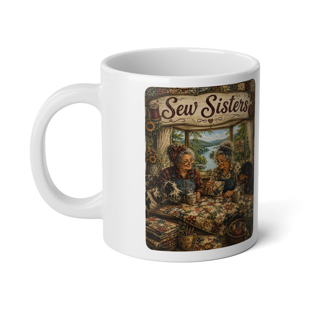 20oz Jumbo Mug — "Sew & Sisters" Vintage Quilting Tea Coffee Mug for Crafters