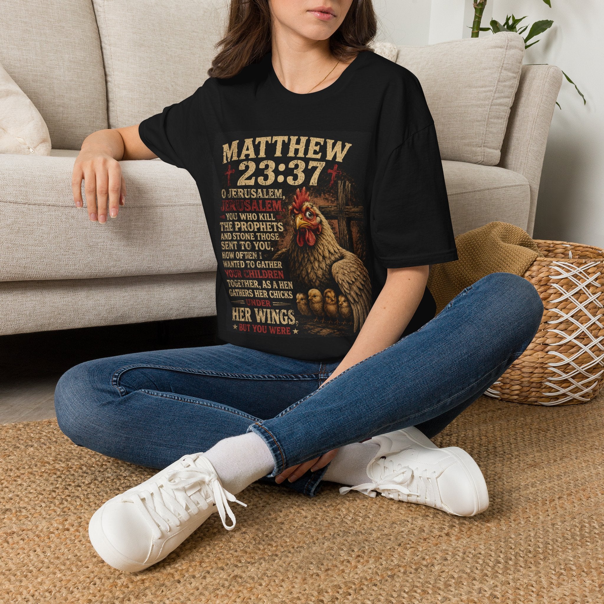 Matthew 23:37 Scripture T-Shirt — Jerusalem Biblical Verse Hen Design